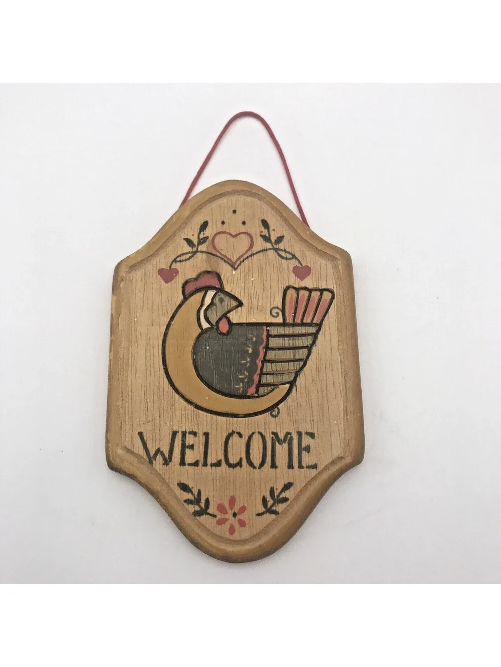 Vtg Wooden Welcome Mini Plaque Hen Chicken Ornament Christmas Mornin Taiwan 3x4”